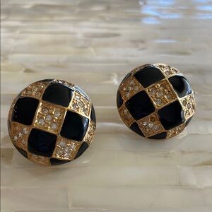 Black Enamel Checker board Earrings With Clear Rhinestones Gold Tone